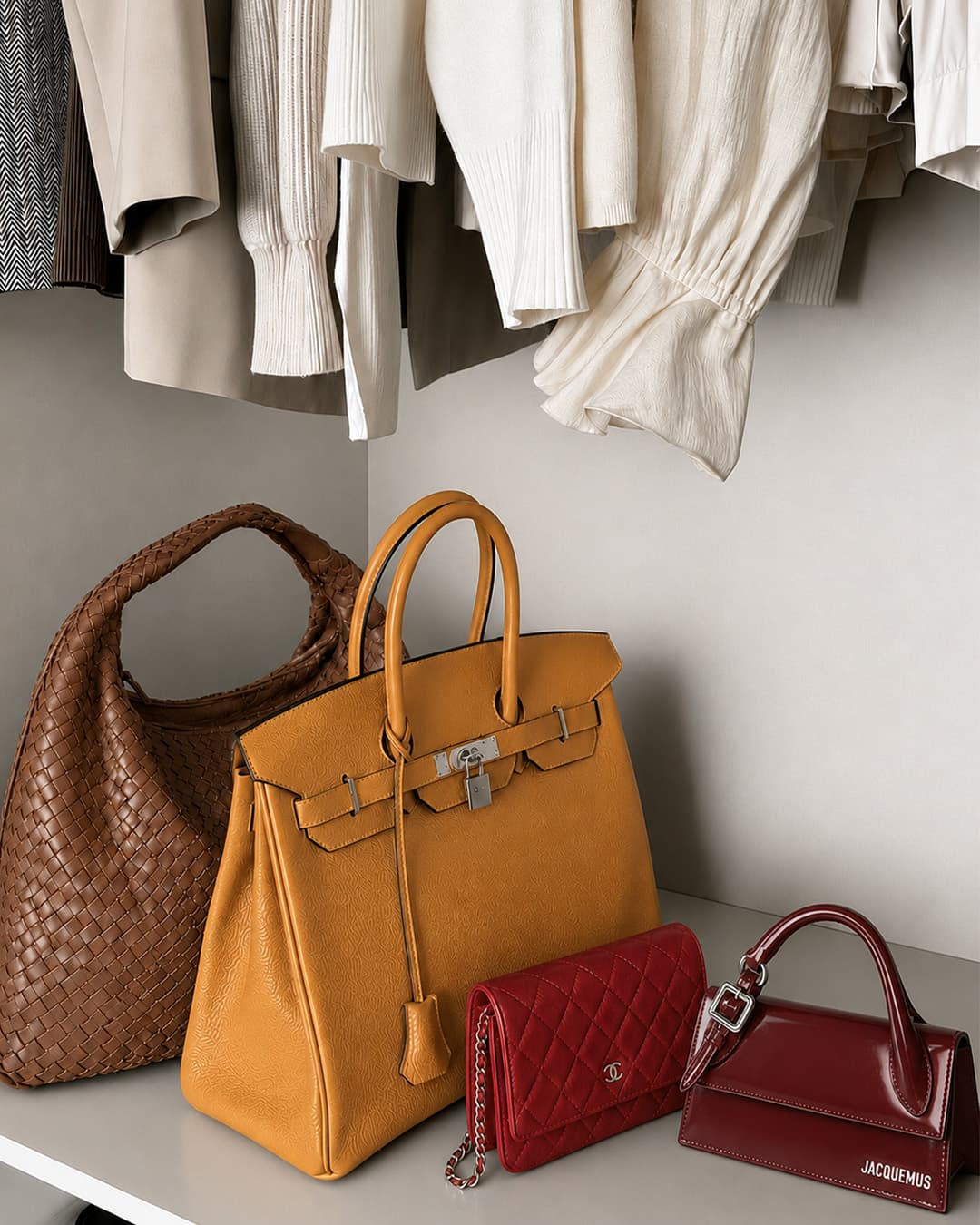 Bolsas de luxo organizadas em prateleira de closet sofisticado