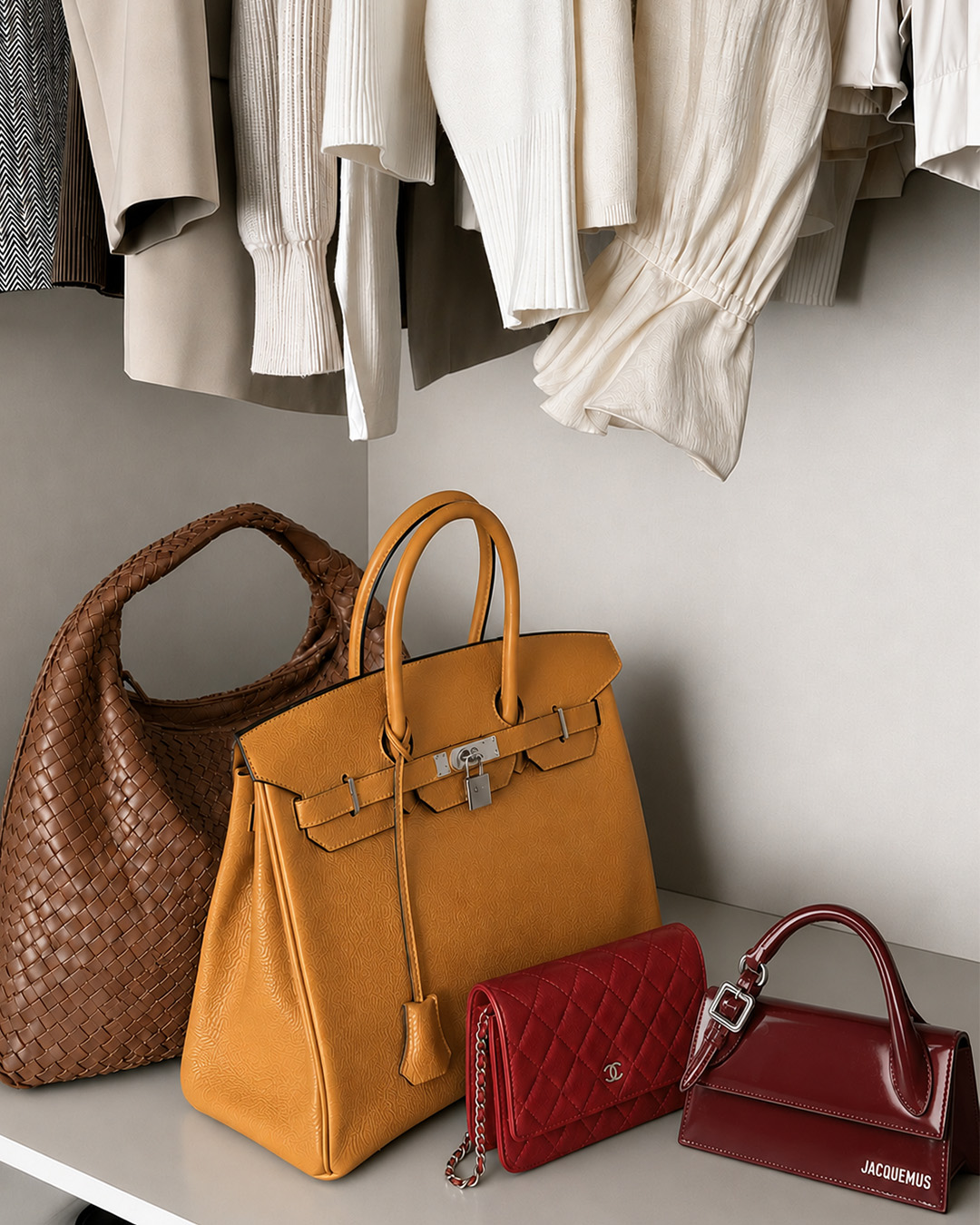 Bolsas de luxo organizadas em prateleira de closet sofisticado